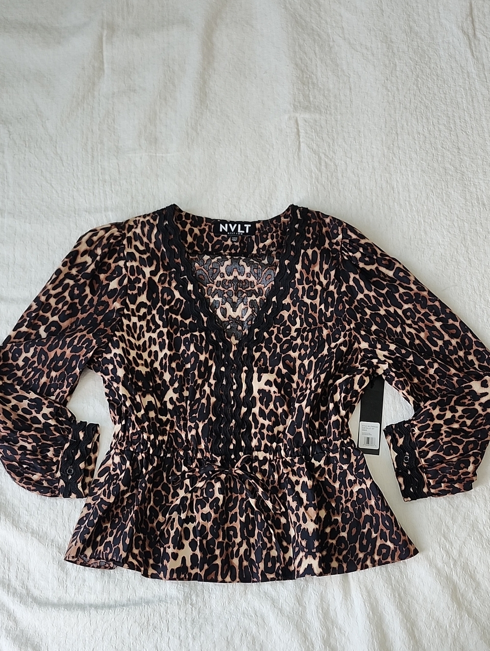 NVLT Leopard Print Cotton Blouse Peplum Cinch Waist Lace Detail Small NWT
